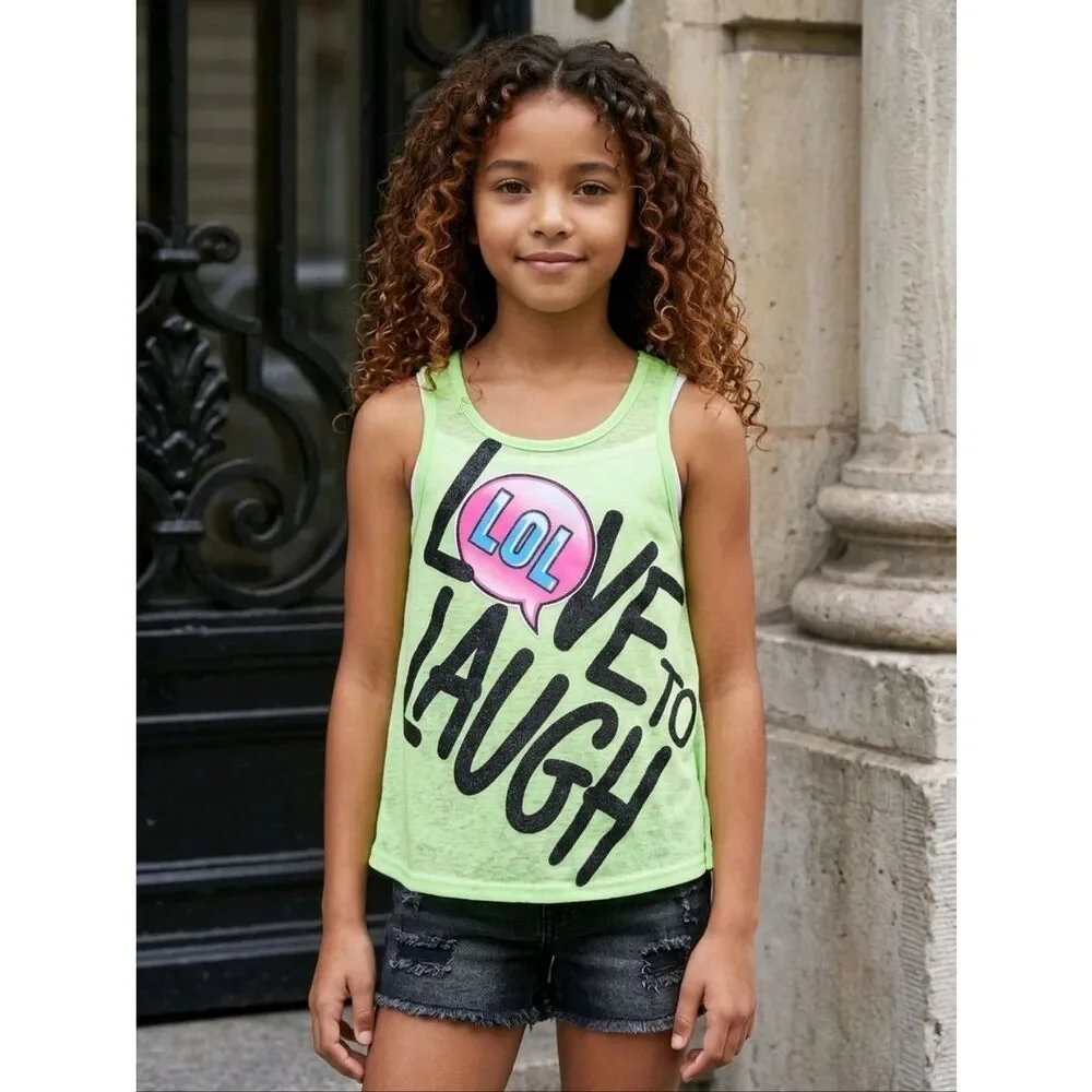 Justice Girls 12 Neon Yellow Glitter LOL Slub Knit Sleeveless TShirt Tank Top